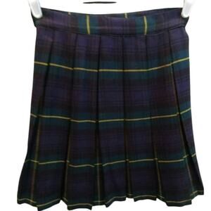 VTG 1960s Banner Plaid Pleated Wool Mini Skirt Black Watch Navy Green Academia
